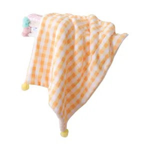 Soft Warm Pet Blanket Mat Plaid Fleece Dog Cat Sleeping Mat With Pom Poms