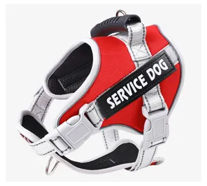Red reflective dog harness detail, breathable mesh vest with handle and quick-release buckle.