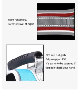 Close-up detail of dog chest harness with night reflective strip and PVC anti-riot grab handle.
