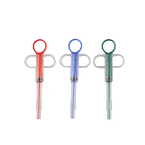Pet pill shooter syringe feeder for cats and dogs with dual head design and ring handle.