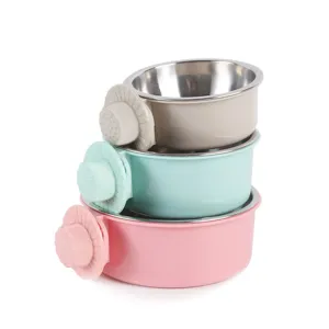 Stainless steel pet dog bowl with hanging fixed design, anti-overturning stacked pet bowls.