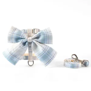 Blue Plaid Bow Pet Harness and Leash Set for Cats and Small Dogs Outdoor Walking