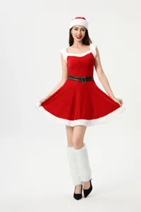 Detailed view of the sexy red velvet Christmas costume featuring white faux fur trim and belt.