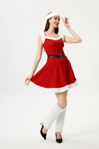 Sexy Santa Claus Christmas dress costume for women with white fur trim and cute hat.