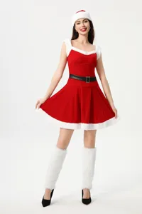 Close-up details of the Christmas dress featuring soft white plush trim and belt. Party look.