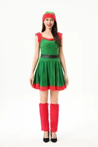 Christmas elf costume detail view showing green velvet dress, red faux fur trim and belt.