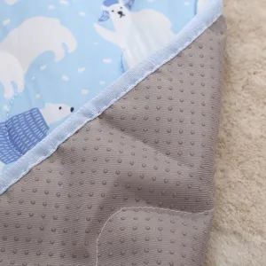 Close-up detail of pet cooling mat featuring ice silk polar bear print and anti-slip backing.