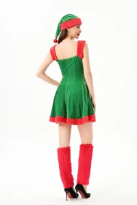 Sexy Christmas elf costume dress featuring a hat and leg warmers for holiday party.