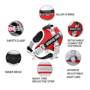 Reflective red pet dog harness with breathable mesh, alloy D-ring and adjustable safety clasp.
