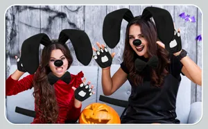 Halloween black dog costume set with big ears headband, gloves, bow tie, nose and tail.