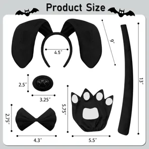 Halloween black dog costume set parts size detail diagram with headband, tail, and paws.