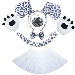 Dalmatian dog costume set includes ears headband nose tutu skirt gloves tail for Halloween.