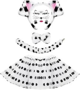Dalmatian costume set detail showing plush ears headband, bow tie, tail, and fluffy tutu skirt.