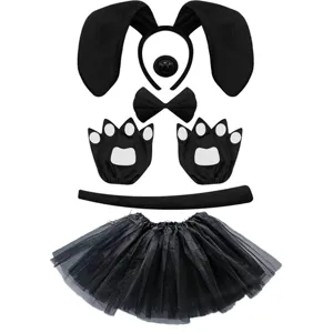 Detailed view of black animal costume set including floppy ears headband, paws gloves, and tutu skirt.