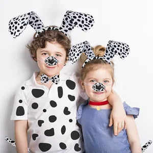 Children wearing cute Dalmatian costume set with dog ears headband and spotted design for kids.