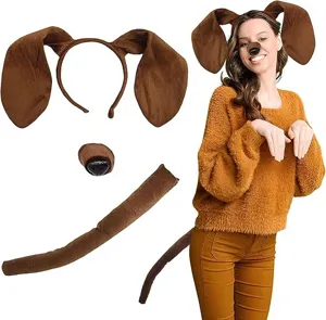 Detailed view of the brown dog costume set, featuring floppy ear headband, nose and tail.