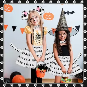 Details of cute animal cosplay costume set with spotted ears headband and dress for kids.