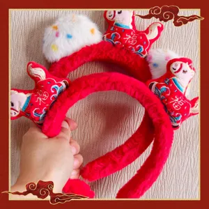 2026 Chinese New Year horse headband cute plush red hair hoop festive kids adults decor