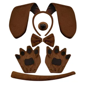 Brown puppy costume set with headband ears bow tie paws tail for Halloween party cosplay.