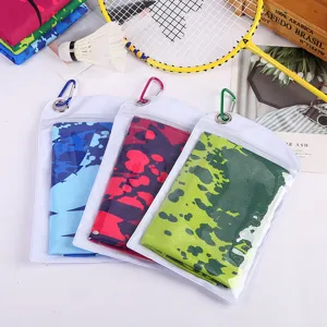 Cooling sports towel set with pouch and carabiner, ideal for summer outdoor fitness workouts.