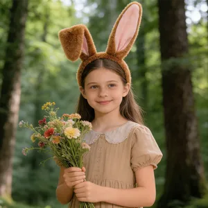 Cute plush bunny ear headband detail shot featuring a girl in forest, perfect for Easter party.