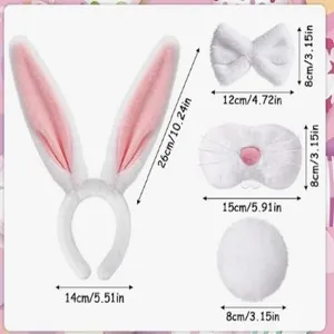 Easter plush bunny ears headband set with bow nose and tail for party costume and cosplay dress.