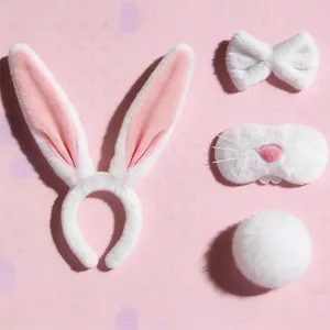 Easter plush rabbit ear headband bow nose tail set for cute kids party costume performance