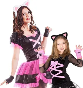 Cat cosplay costume set with ears headband, dress and gloves for party and holiday wear.