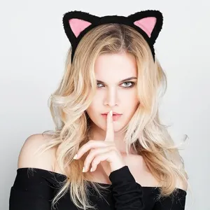 Plush cat ear headband for women and girls, cute fluffy black hair hoop for party cosplay.