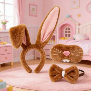 Plush extra long bunny ear headband set with cute rabbit eye mask and bow for party decoration.