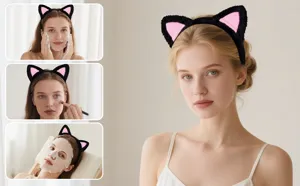 Plush cat ear headband detail view showcasing soft fluffy texture and daily makeup face wash use.