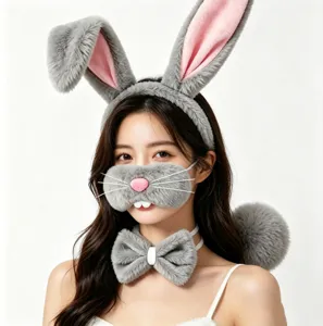 Plush bunny ear headband set with mask and bow tie, fluffy rabbit costume details for party.