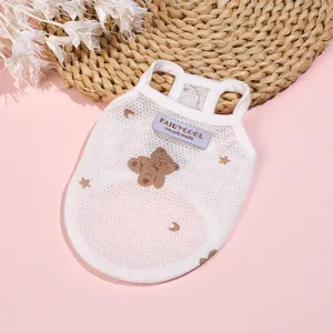 Breathable mesh summer dog vest with cute bear print and label for small pets daily wear.