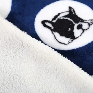 Thickened pet blanket detail showcasing soft fleece lining and cute French bulldog print.