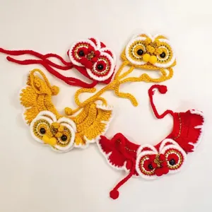Handmade crochet pet lion dance costume hat and collar set for festive cats and dogs.