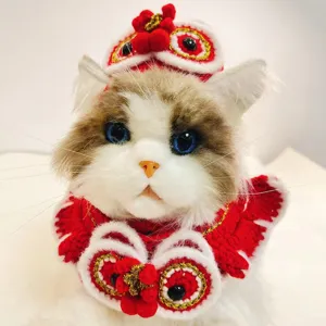 Handmade knitted red cat lion dance hat and cape set festive pet costume detail display