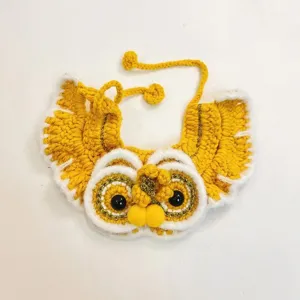 Handmade crochet cat lion dance cape, cute festive pet woven collar scarf with yellow yarn.