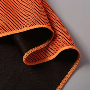 Cooling sports towel for summer outdoor activities, breathable mesh fabric, orange and black.