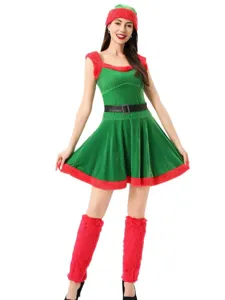 Christmas green velvet elf costume dress with red faux fur trim, hat, and leg warmers