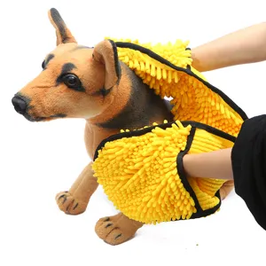 Toalla Absorbente para Mascotas Chenille Toalla de Baño para Perros Secado Rápido Suave Microfibra Guante de Limpieza con Bolsillo