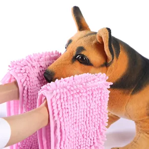 Soft pink chenille pet drying towel, ultra absorbent microfiber towel for dogs and cats.