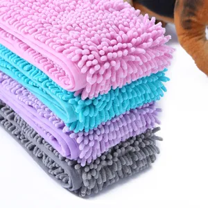 Detailed close-up of colorful chenille pet absorbent towel, ultra-fine microfiber texture.