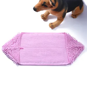 Pink chenille pet drying towel, super absorbent microfiber dog bath towel with hanging loop.