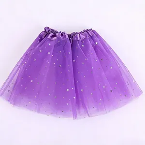 Details of the purple girls tutu skirt featuring layers of tulle and shiny silver star sequins.