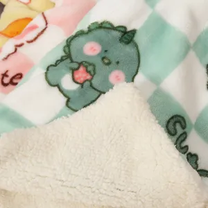 Thickened pet blanket with cute dinosaur print and soft sherpa lining for warm winter use.