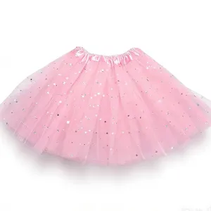 Pink sequin star mesh tutu skirt for little girls, fluffy dancing performance half skirt.