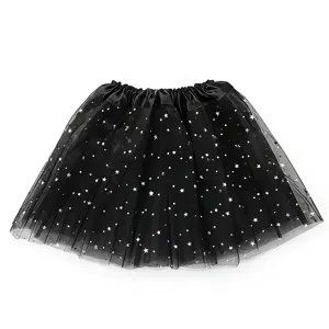 Girls black star tutu skirt detail shot, fluffy mesh tulle fabric with elastic satin waistband.