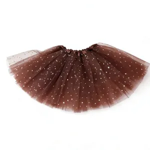 Brown girls tutu skirt with silver star glitter, fluffy mesh layered dance performance skirt for kids.