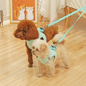 Pettorina a gilet in rete traspirante per cani con strisce riflettenti e guinzaglio resistente.