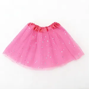Close-up of pink girls tutu skirt, featuring silver star prints and mesh layers.